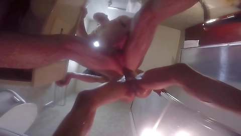 Ebony shemale fucked and fucked by a guy in the shower