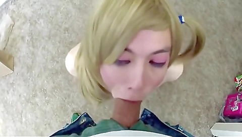 Blonde tranny sucking dick in deepthroat porn clip