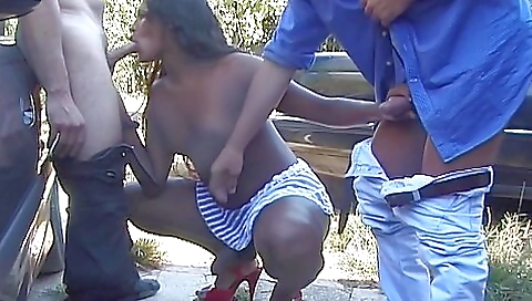 Horny ebony chicks get screwed together in a threesome