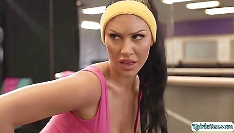 Yoga with busty ladies sucking and fucking with a device